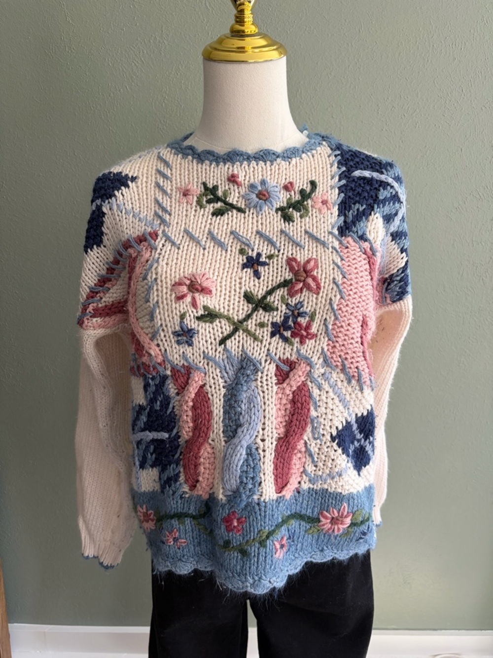 Vintage Cozy Floral Patchwork Sweater - Blue, Pink & Cream